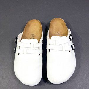 Birkenstock Womens Boston Clog Shoes White Leather Slip On Buckle Germany 6